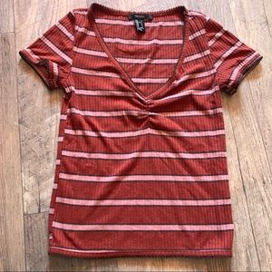 Rusty Red Striped V neck Tee Shirt